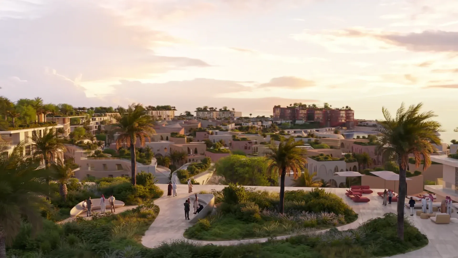 Car-free walkways over the shared podium at Mira Coral Bay